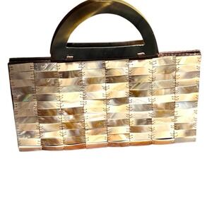 Vintage 90s MAD Small Mother‎ Of Pearl Shell Satin Mini Bag Handbag Natural NOS